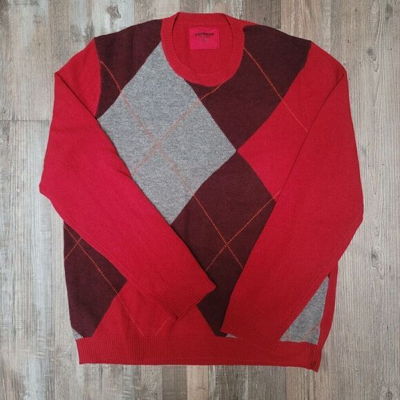 Express Lambs Wool Sweater Men's Size XL Red V Neck Knit Pullover - Picture 2 of 7